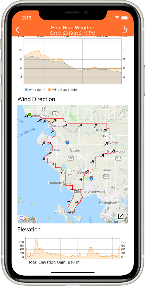 Epic Ride Weather route preview in dark mode